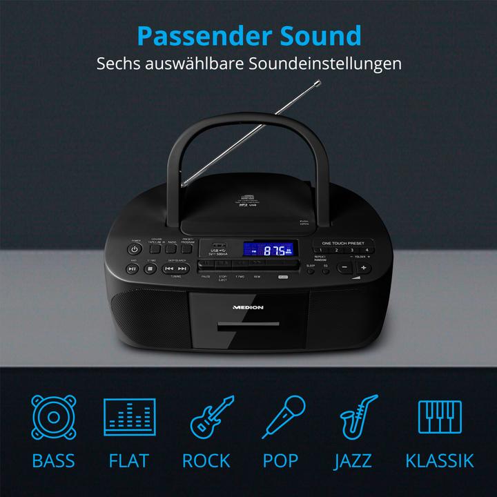 Image du produit Medion E65010 - Radio - CD - Cassette - Lecture MP3 - FM - USB - AUX - 2 x 30 W - Noir (FM)