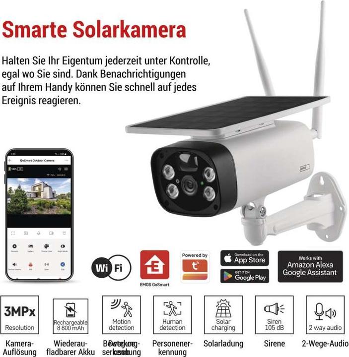 Produktbild Emos GoSmart Outdoor IP Kamera mit WiFi und Solarpanel IP-600 EYE, batteriebetrieben (1920 x 1080 Pixels)