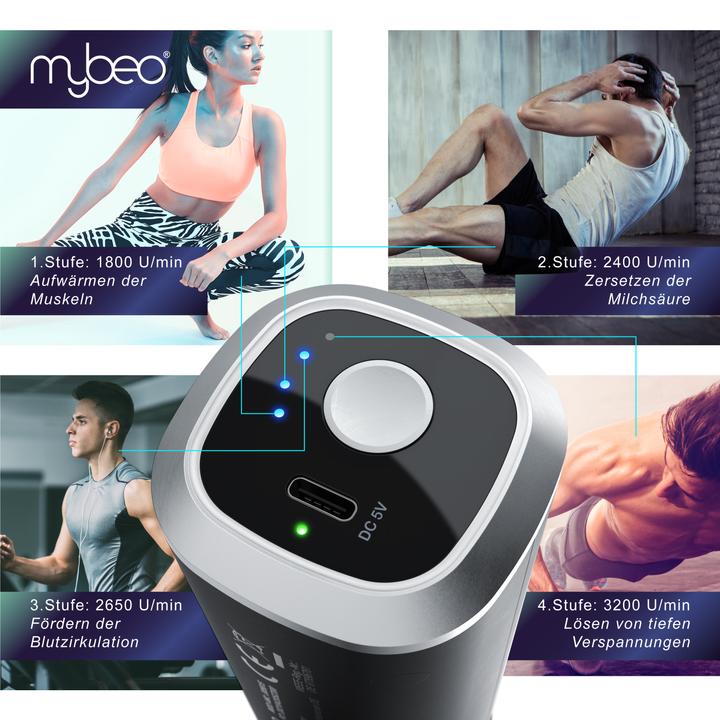 Actual product image Mybeo Massage gun for neck, shoulder, back, 4 heads, 4 speeds, 3D rotation, electric