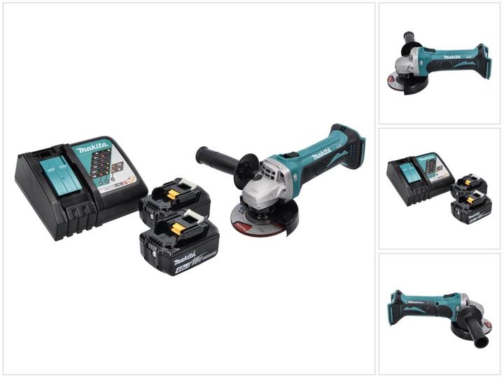 1x Makita DGA 452 Akku Winkelschleifer, 1x Schutzhaube, 1x Seitengriff, 1x Montageschlüssel, 2x Makita BL 1840 B 18 V 4,0 Ah Akku, 1x Makita DC 18 RC Ladegerät