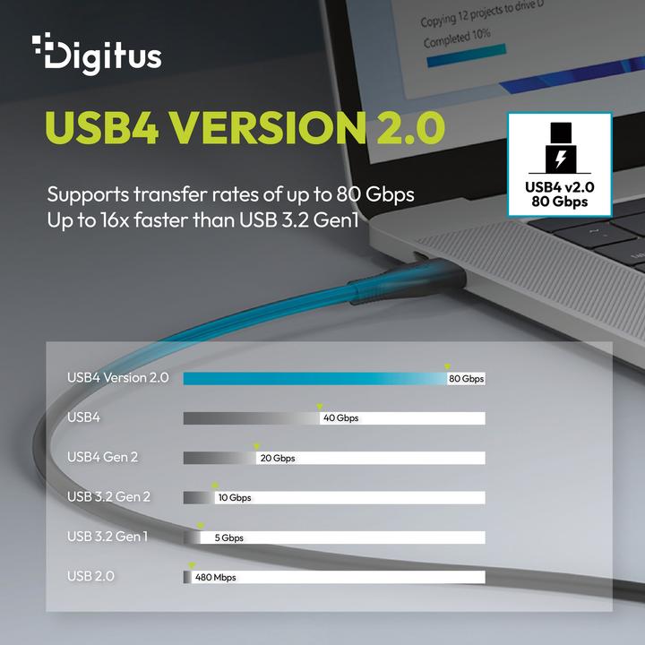 Produktbild Digitus USB Silikon Kabel, USB4 Version 2.0, USB 80Gbps, 1m, schwarz (1 m, USB 4 Version 2.0, 240 W)