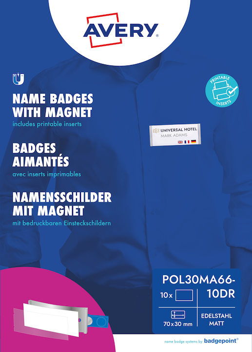 Badgepoint POL30MA66-10DR Badges, 65 x 30 mm, couleur métal