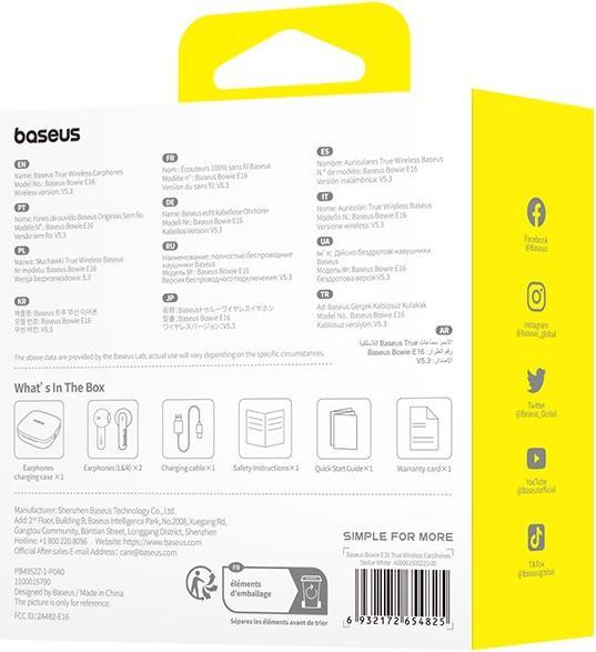 Actual product image Baseus Bowie E16 Kopfhörer True Wireless Earphones im Ohr Anrufe/Musik USB Typ-C Bluetooth Weiss (6 h, Wireless)