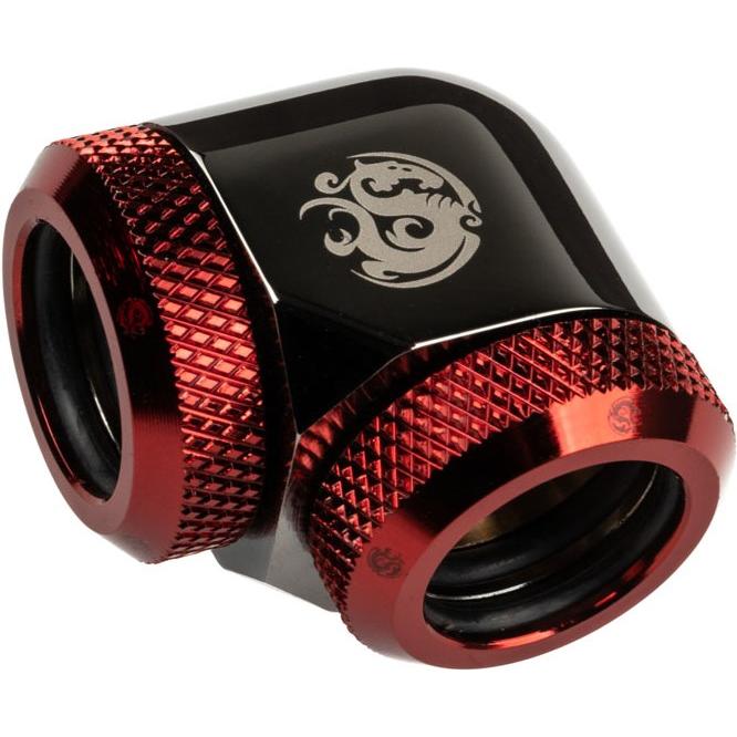 Bitspower Adapter 90 Grad 14mm AD Hardtube auf 14mm AD Hardtube - schwarz glänzend/rot, Wasserkühlung Anschluss, Rot, Sc...