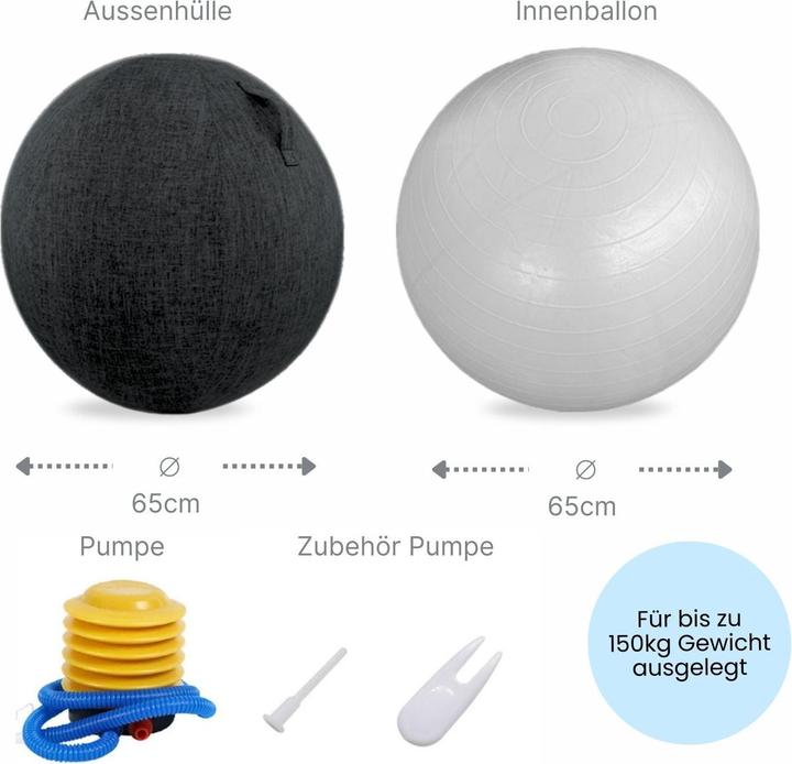 Produktbild Hermex Sitzball mit Schutzhülle Yoga-Ball Gymnastikball Fitnessball (65 cm)