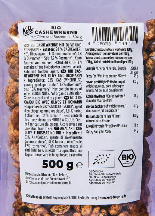 Valori nutrizionali e ingredienti KoRo Anacardi biologici con olive e rosmarino (500 g)