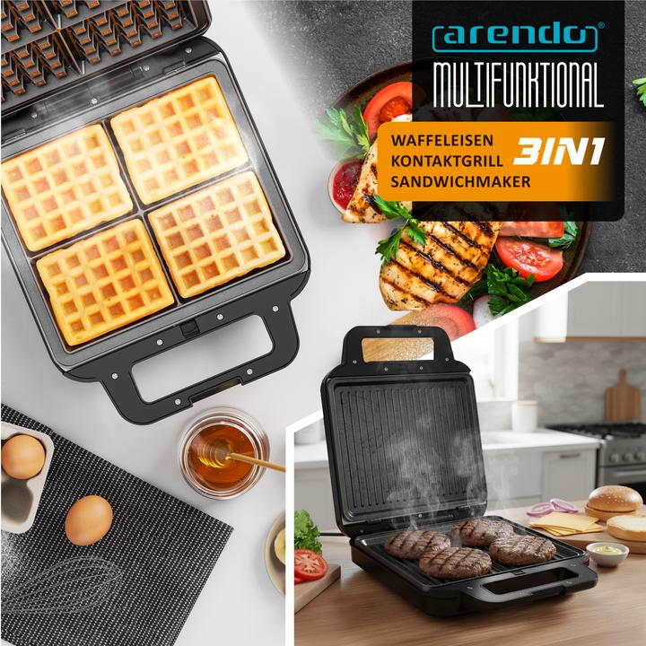 Image du produit Arendo 3-in-1-Sandwichmaker Waffeleisen & Kontaktgrill, abnehmbare Platten, 1400 W, Waffel & Grill, Panini
