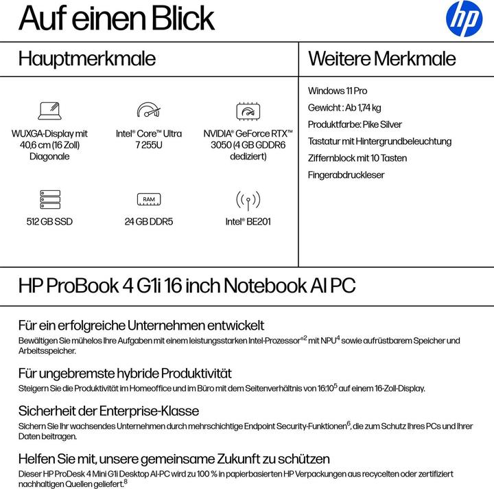 Nährwerte und Zutaten HP ProBook 4 G1I (16", 512 GB, 24 GB, DE, Intel Core Ultra 7 255U)