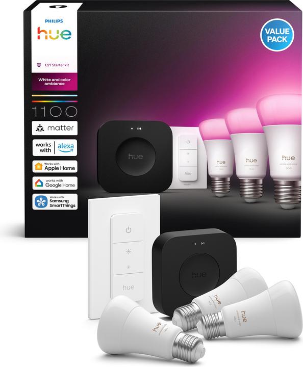 Produktbild Philips Hue Starter Kit Bridge Pro + LED White & Color Ambiance (E27, 1100 lm, 3x)
