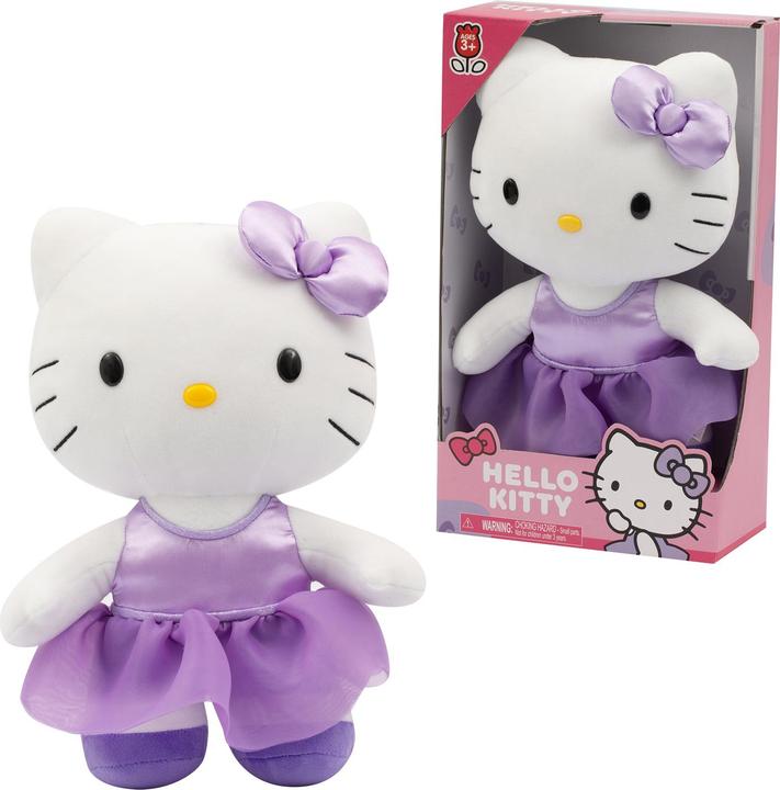 Actual product image Giochi Preziosi Hello Kitty Soft Plush Toy 30 cm High with Fashionable Outfit, Purple Satin Dress an (30 cm)