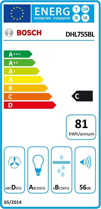 Label énergétique Bosch Hausgeräte DHL755BL (Hotte murale, Hotte îlot)