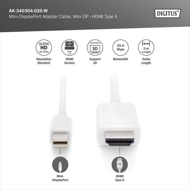 Image du produit Digitus Mini DP cable,mDP - HDMI, 2m (2 m, DisplayPort, HDMI, 1.2)