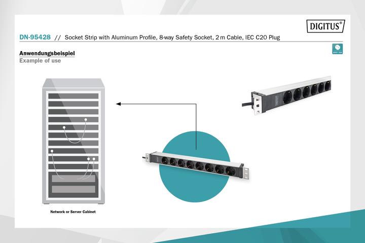 Actual product image Digitus Socket Strip with Aluminum Profile, 8-way safety socket, 2 m cable, IEC C20 plug