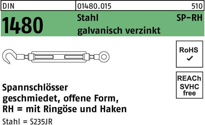 Produktbild Spannschloss DIN 1480 offen m.Ringöse/Haken SP-RH M 16 Stahl 3.6 galvanisch verzinkt galvanisch v...