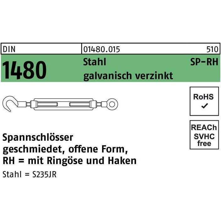 Seil + Kette Zubehör, Spannschloss DIN 1480 offen m.Ringöse/Haken SP-RH M 8 Stahl 3.6 galvanisch verzinkt galvanisch ve....