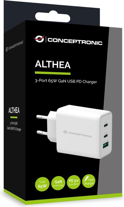 Produktbild Conceptronic Ladegerät 3Port 65W,GaN USB-P 3.0 weiss (65 W)