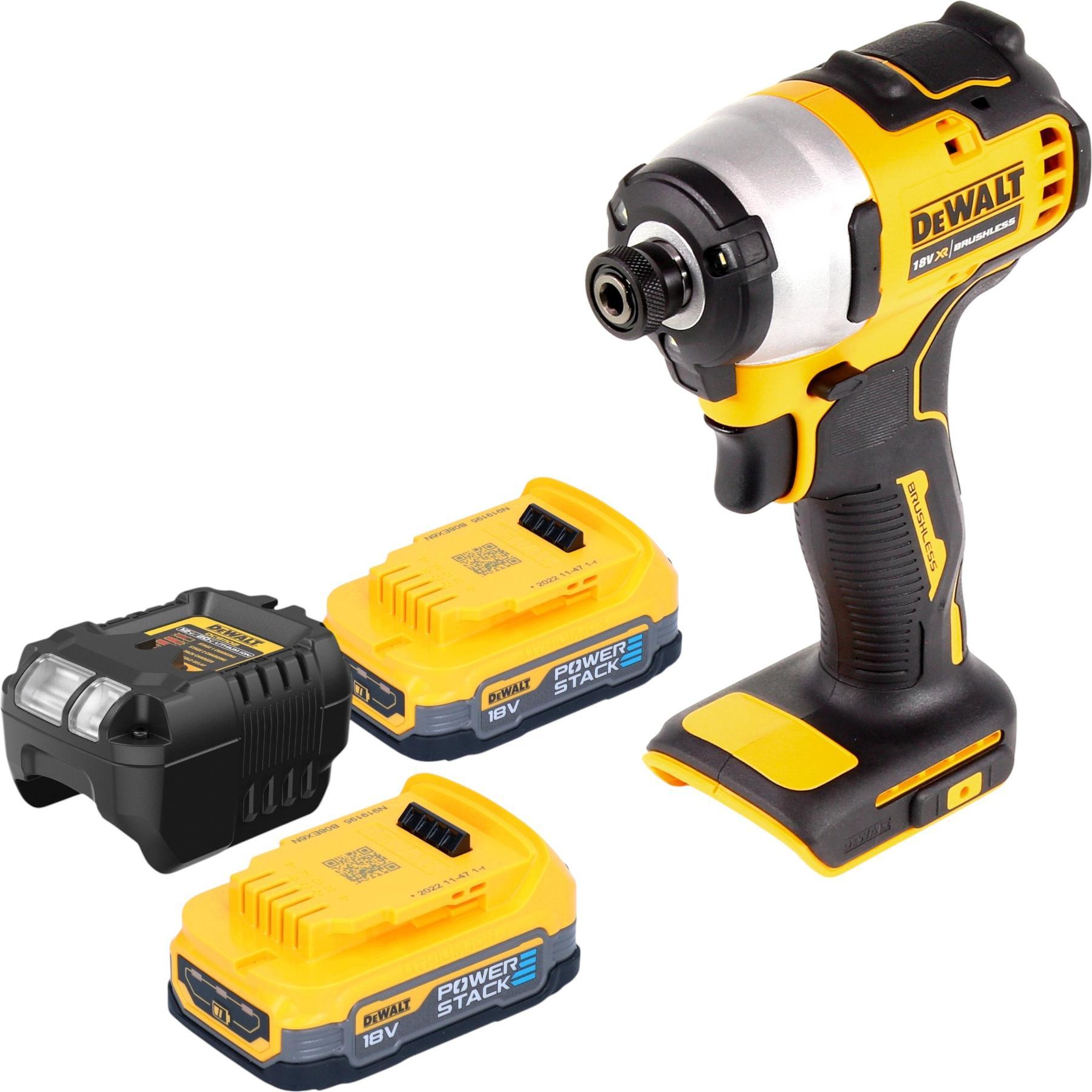 DeWalt, Bohrmaschine + Akkuschrauber, DCF 809 E2 Akku Schlagschrauber 18 V 190 Nm 1/4" Brushless + 2x Powerstack Akku 1,...