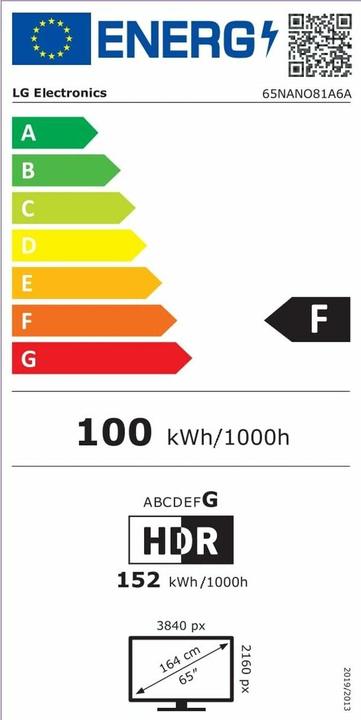 Energielabel LG 65NANO81A6A sw NanoCell LED-TV UHD,Multituner,Smart,PVR,a7,HDR (65", NANO81, Nano-Cel, 4K, 2025)