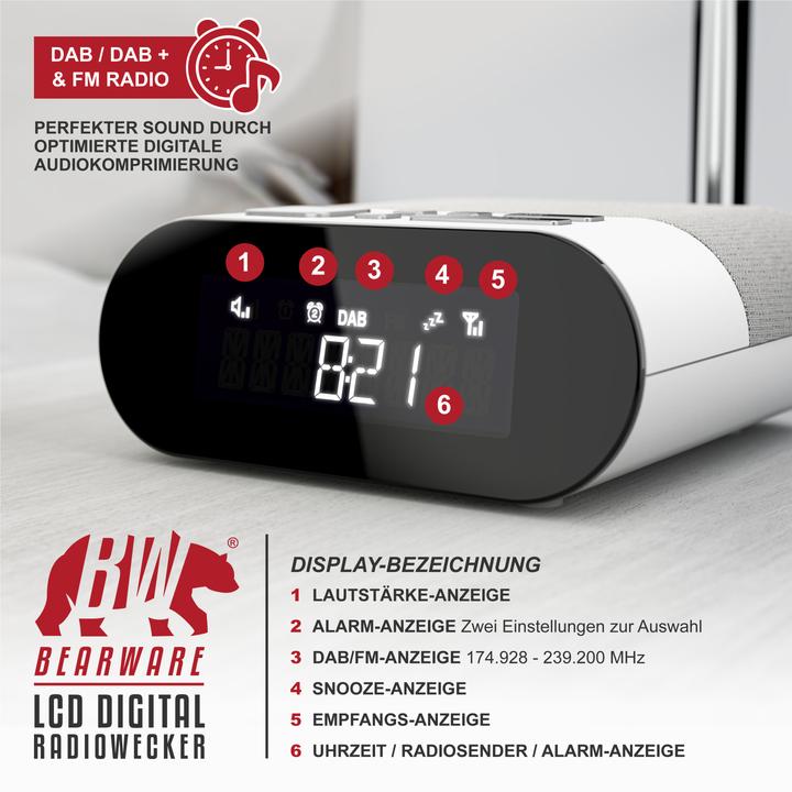 Actual product image Bearware Radiowecker digital, DAB+ Radio, Wecker, Alarm & Snooze, 4 Helligkeitsstufen, USB Ladeport