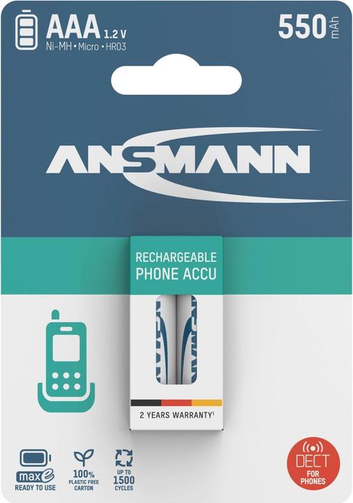 Produktbild Ansmann Micro (AAA)-Akku NiMH DECT max (2 Stk., AAA / LR03 / Micro / R03 / AM4 / MN2400 / KR03, 550 mAh)