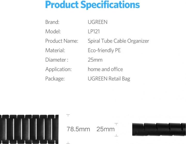 Produktbild Ugreen Flexibler Kabelkanal Cable Zipper Management 5m (Kabelspiralschlauch, 500 cm)