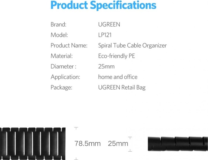 Produktbild Ugreen Flexibler Kabelkanal Cable Zipper Management 5m (Kabelspiralschlauch, 500 cm)