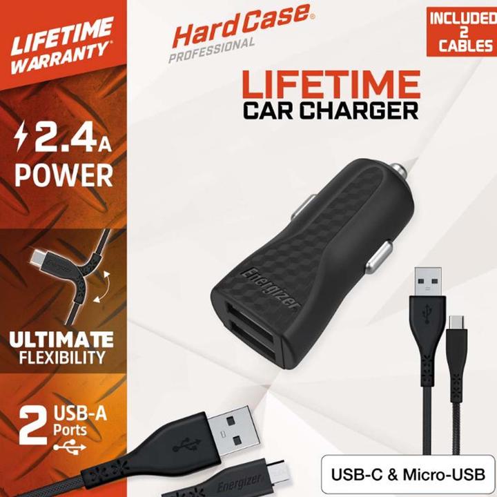 Image du produit Energizer Car Charger Lifetime Warranty - 2.4A - 1USB - câble USB-C et Micro-USB inclus