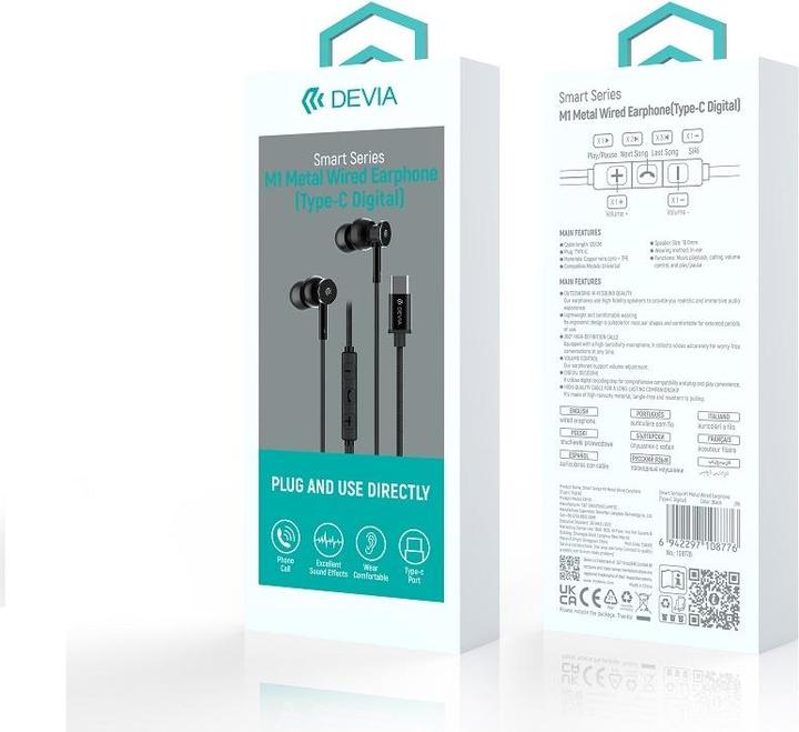 Actual product image Devia wired earphones Smart M1 Digital Metal USB-C black (Cable)