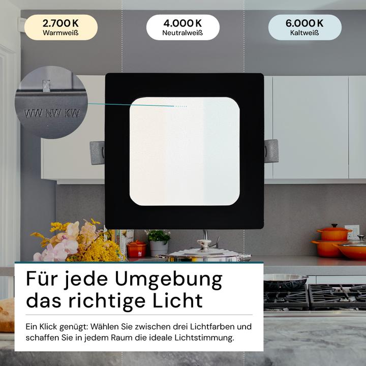 Produktbild Luxula LED Einbau Downlight, eckig, schwarz, 6W, IP44, 600lm, CCT (600 lm)