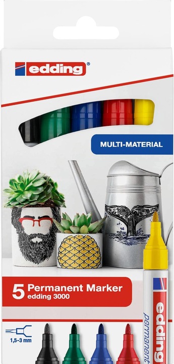 Immagine prodotto Edding Marcatore permanente 3000 5 pezzi, verde/giallo/blu/rosso (Rosso, Nero, Blu, Giallo, Verde, 3 mm, 5 x)