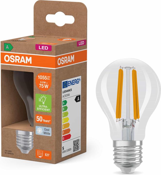 Actual product image Osram LED lamp highest efficiency class A Filament CLASSIC 5W 840 clear E27 1055lm 4000K neutral white (E27, 1055 lm, 6x)