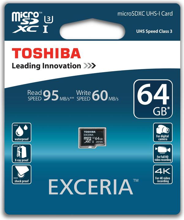 Actual product image Toshiba microSDXC Exceria UHS-I with adapter (64 GB, microSDXC, U3, UHS-I)