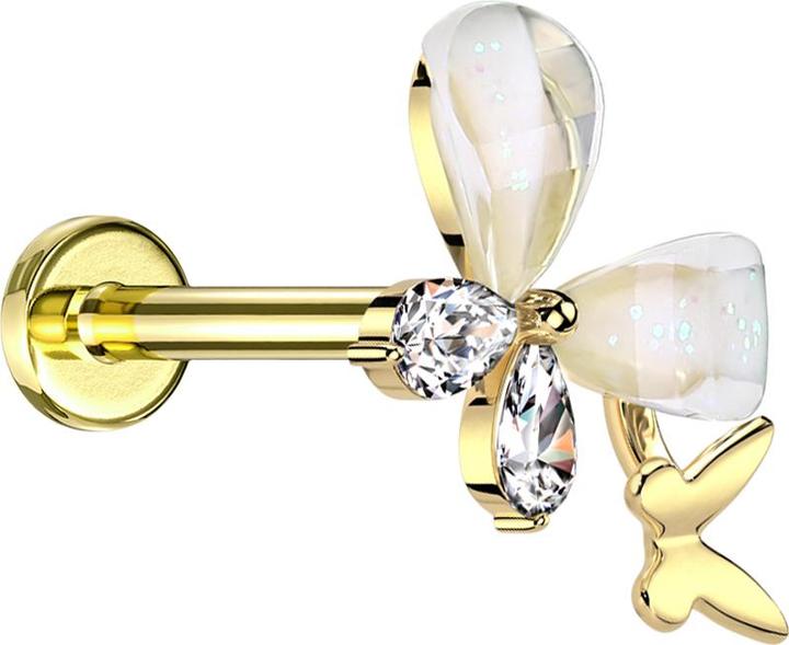 Immagine prodotto Star Piercing Micro Threadless Labret vergoldet zwei Schmetterlinge vergoldet Kristalle silber (Ottone, Acciaio chirurgico 316L)
