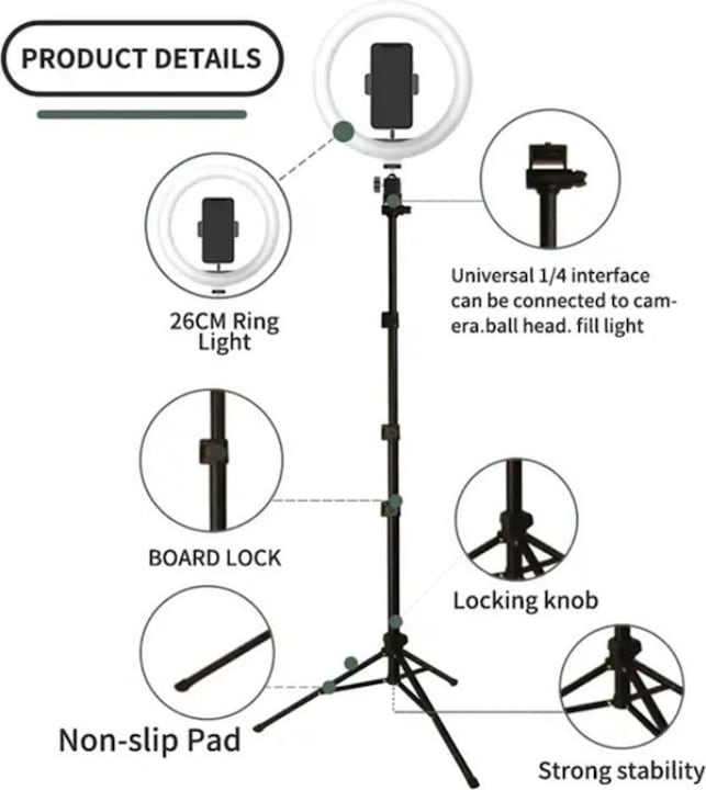 Actual product image König Design 26 cm ring light with professional tripod LED USB remote control 3 colour mode vlogging (Ring light)