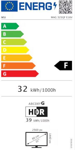 Energie-Label MSI MAG 325QFDE E18V Gaming Monitor - WQHD Panel, 180Hz 0,5 ms GtG, Rapid VA-Panel (2560 x 1440 Pixel, 31.50")