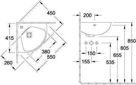 Immagine prodotto Villeroy & Boch V&B Lavamano angolare Compact O.NOVO 415 mm di lunghezza gambe con ÜL we C+ (450 mm, 550 mm)