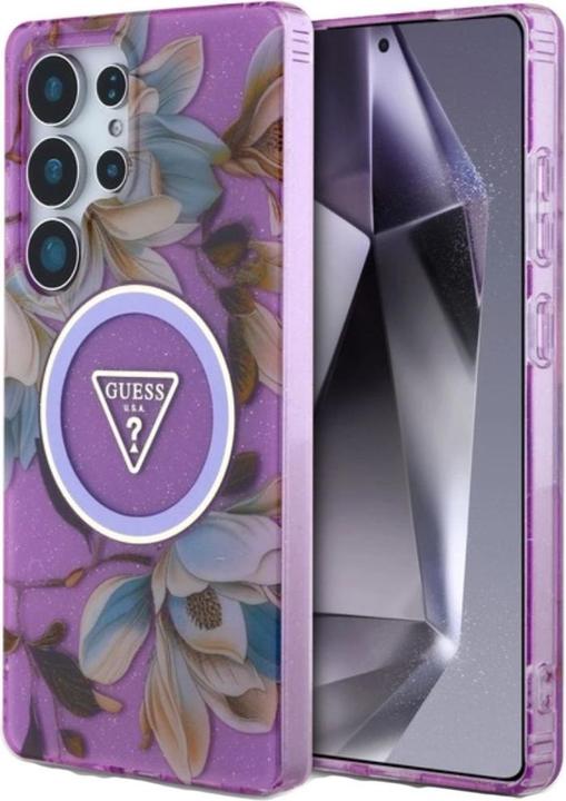 Immagine prodotto Guess Etui Glitter Flowers Triangle Buttons MagSafe do Samsung Galaxy S25 Ultra fioletowy (Samsung Galaxy S25 Ultra)