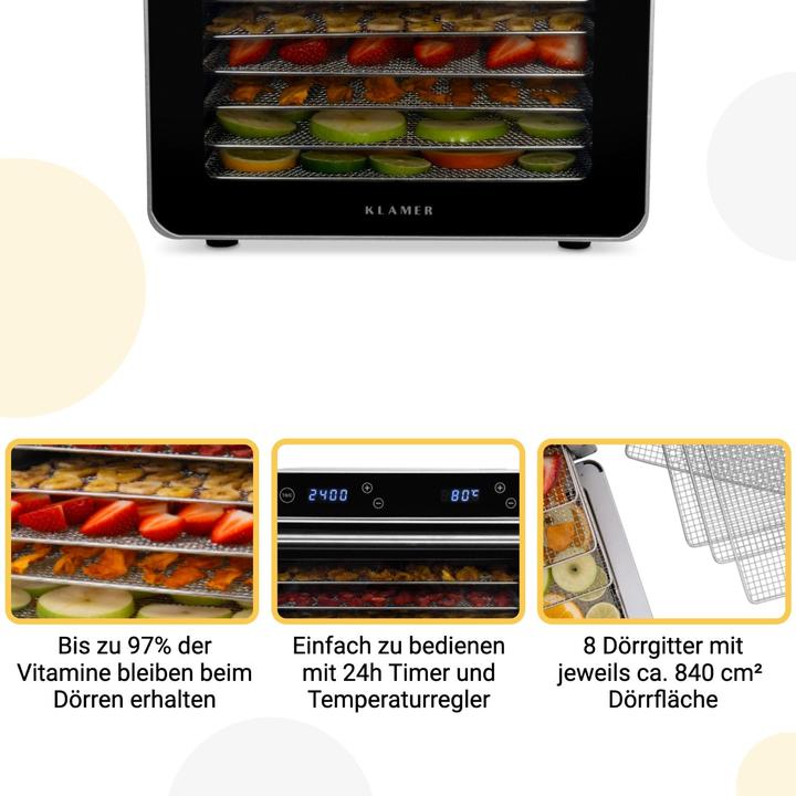 Image du produit KLAMER Déshydrateur Premium XL 700W, 8 plateaux extra larges en acier inoxydable