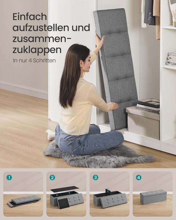 Produktbild Songmics Sitzbank mit Stauraum 110cm Faltbar Leinenimitat Hellgrau (110 cm)