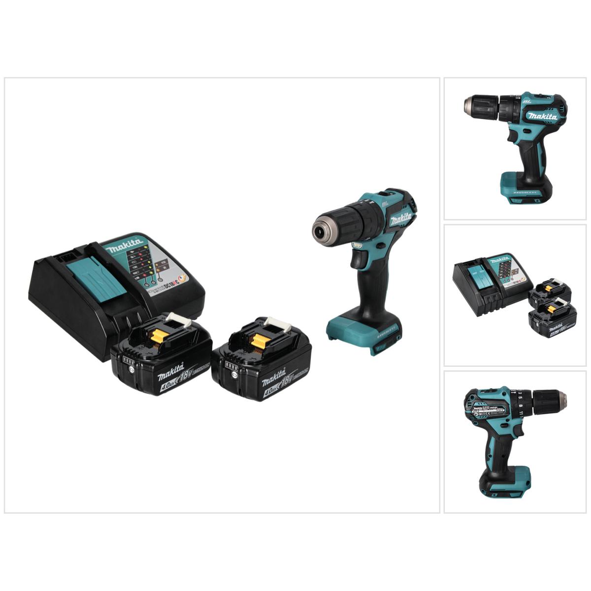 Makita, Bohrmaschine + Akkuschrauber, DHP 483 RM Akku Schlagbohrschrauber 18 V 40 Nm Brushless + 2x Akku 4,0 Ah + Ladege...