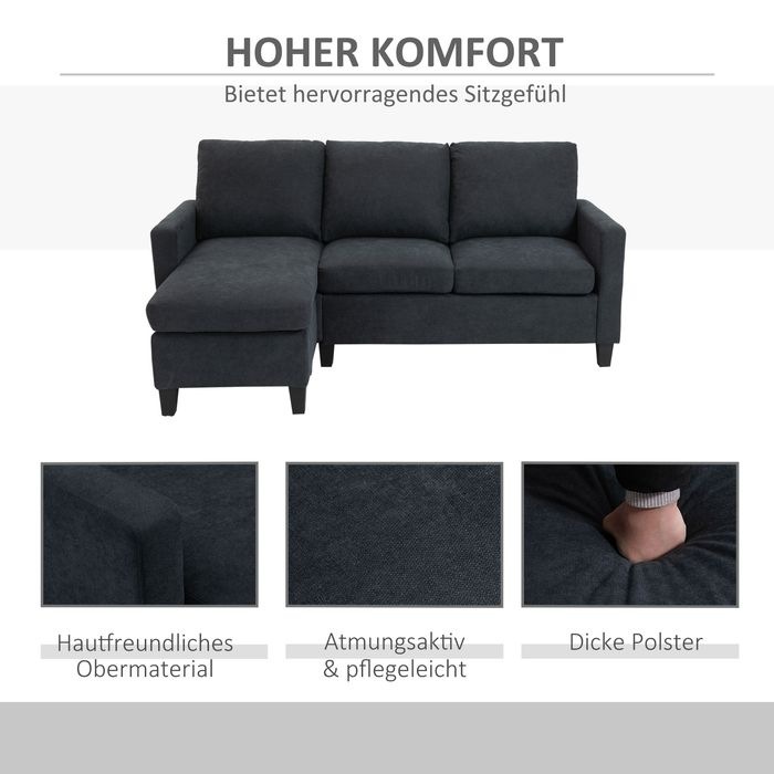 Image du produit Swisshandel24 Canapé d'angle en tissu Canapé d'angle avec chaise longue réversible en L Gris foncé 197 x 139 x 91 (Canapé d'angle)