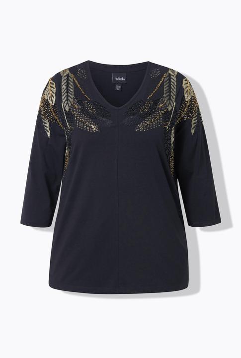 Actual product image Ulla Popken Feather Beadwork 3/4 Sleeve Top (60)