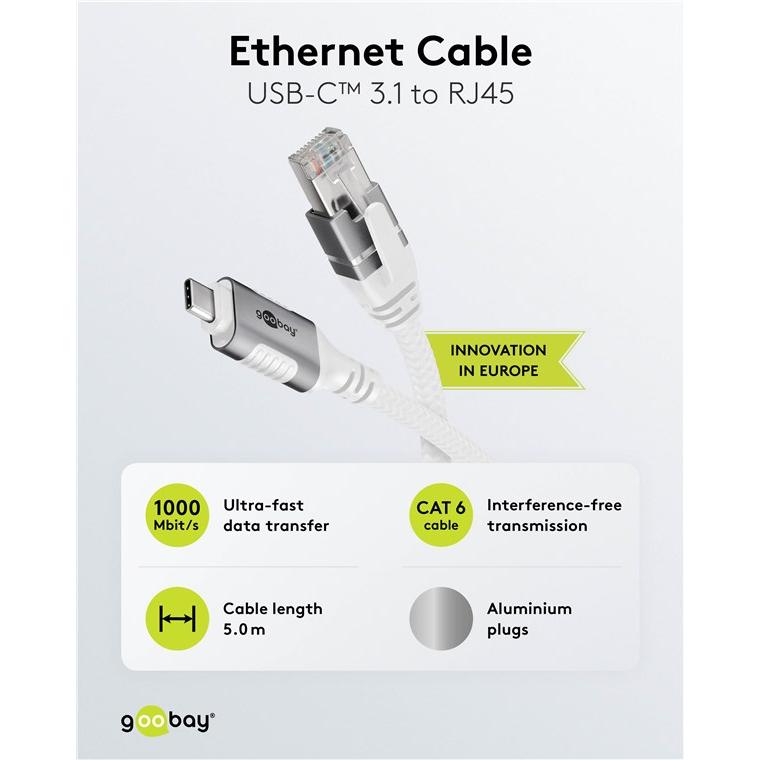 Thumbnail - Goobay Ethernet-Kabel CAT6 USB-C 3.1 auf RJ45 (USB-C 3.1 Gen 1, RJ45 (1x)), Netzwerkadapter, Weiss