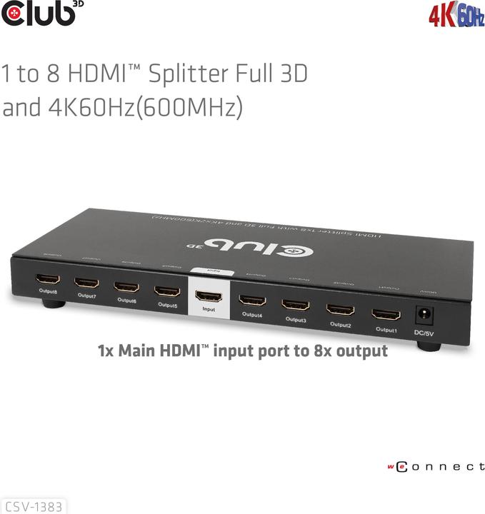 Produktbild Club 3D Club3D HDMI Splitter 1 Eingang -> 8 Ausgänge 4K60Hz UHD retail