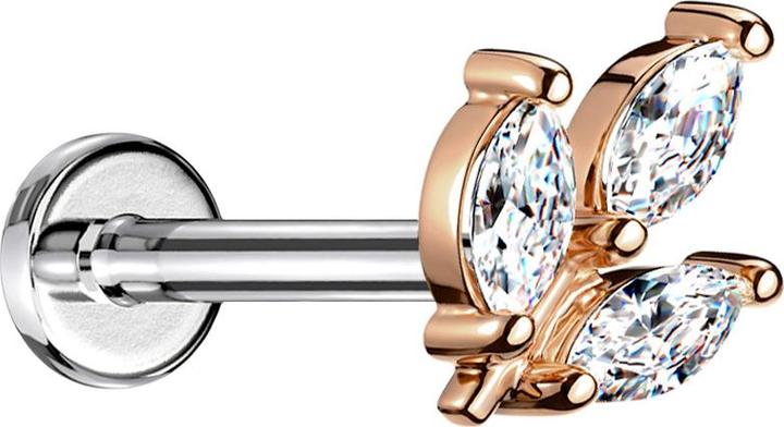 Produktbild Star Piercing Micro Threadless Labret silber Blatt rosegold drei Ovale Kristalle silber (Messing, Chirurgenstahl 316L)