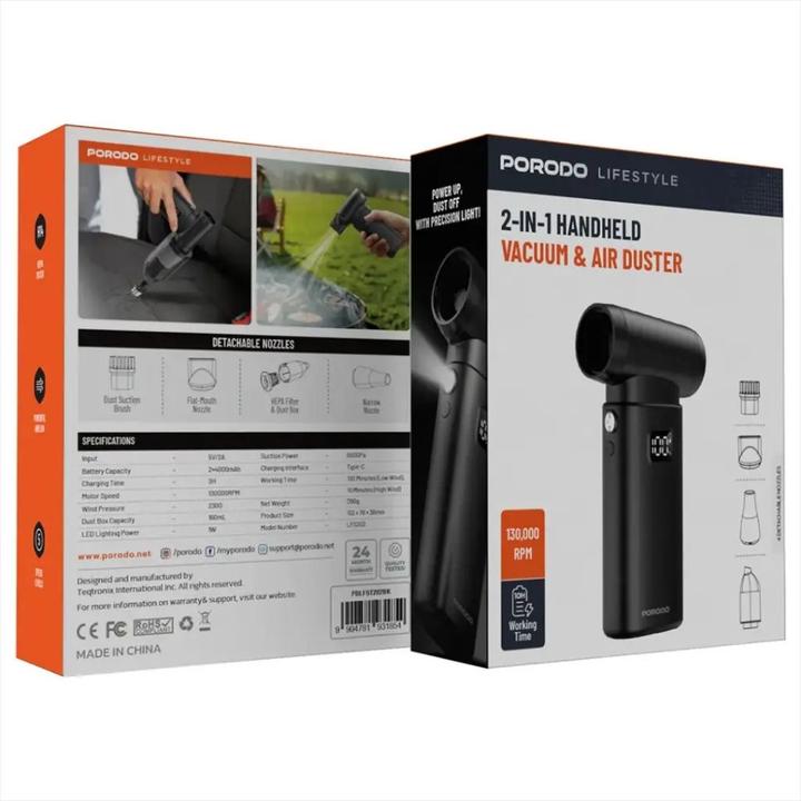 Produktbild Porodo 2 IN 1 Gebläse + Vakuum 4000mAh* 2 Stück Typ-C - Schwarz