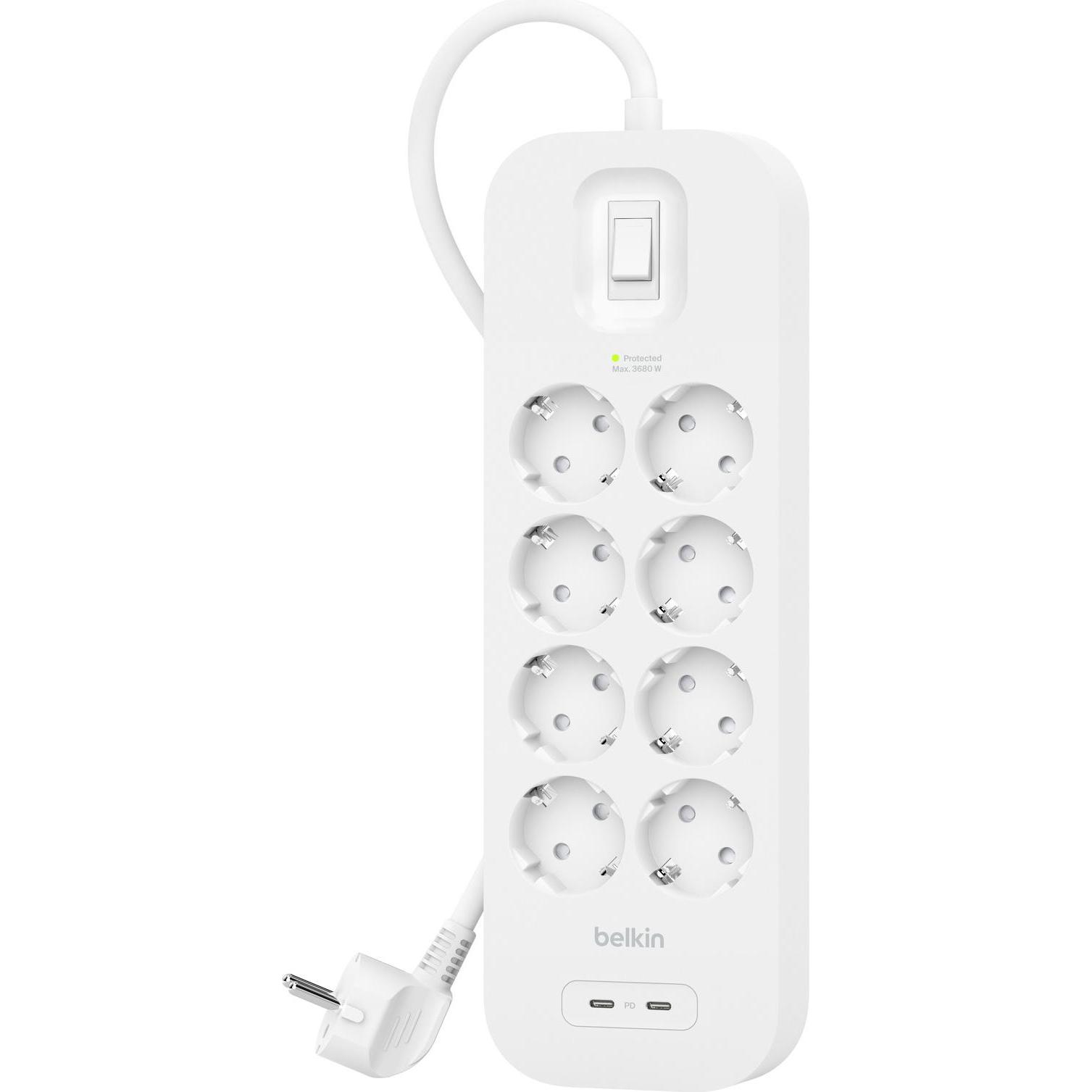 Belkin, Steckdosenleiste, Steckdosenleiste 8-fach + 2xUSB-C,900J,30W,2m SRB004vf2MV2 (8 x, USB-C, USB-A, 2 m)