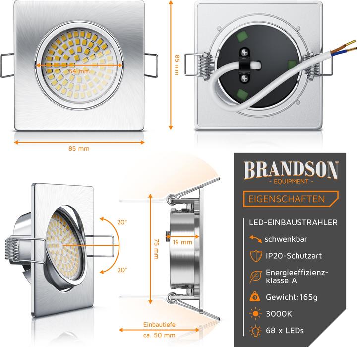 Immagine prodotto Brandson Faretto da incasso a LED, spot da soffitto orientabile, acciaio inox, 320 lumen, bianco caldo (320 lm)