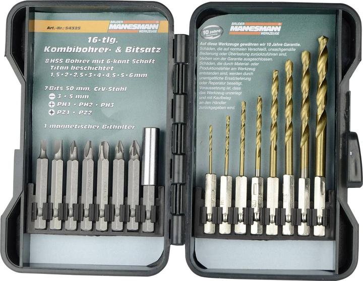 Image du produit Mannesmann Assortiment de forets et d'embouts TiN (1.5 millimètre, 2 millimètres, 2.5 millimètres, 3 millimètres, 4 millimètres, 4.5 millimètres, 5 millimètres, 6 millimètres)