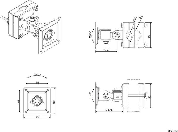 Actual product image Multibrackets Pipe clamp 45° Tiltable, 17mm-60mm, black